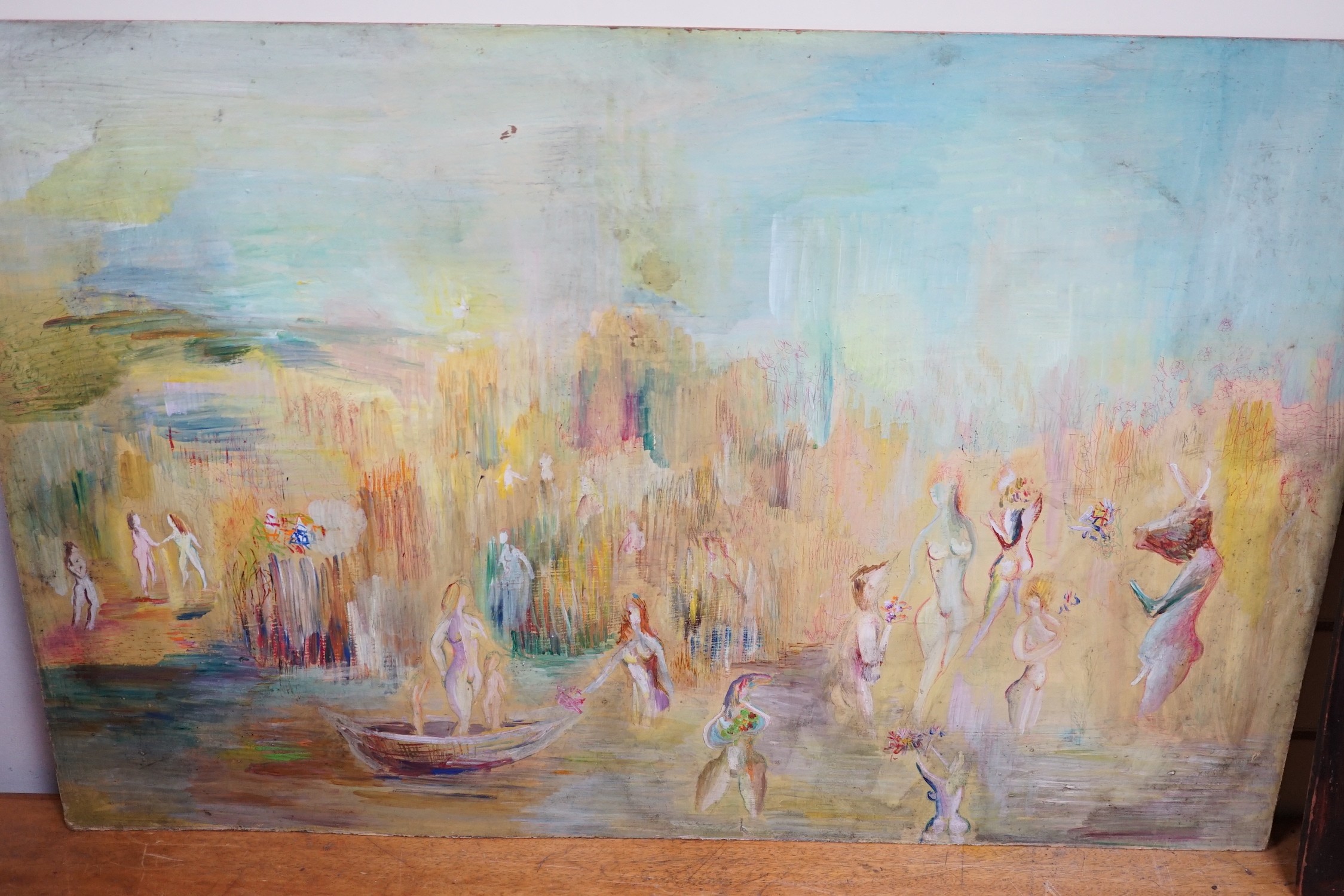 Pinder, three oils, 'Nudes bathing', 'Park scene' and 'Fireworks at night', signed, largest 60 x 91cm (a.f.)